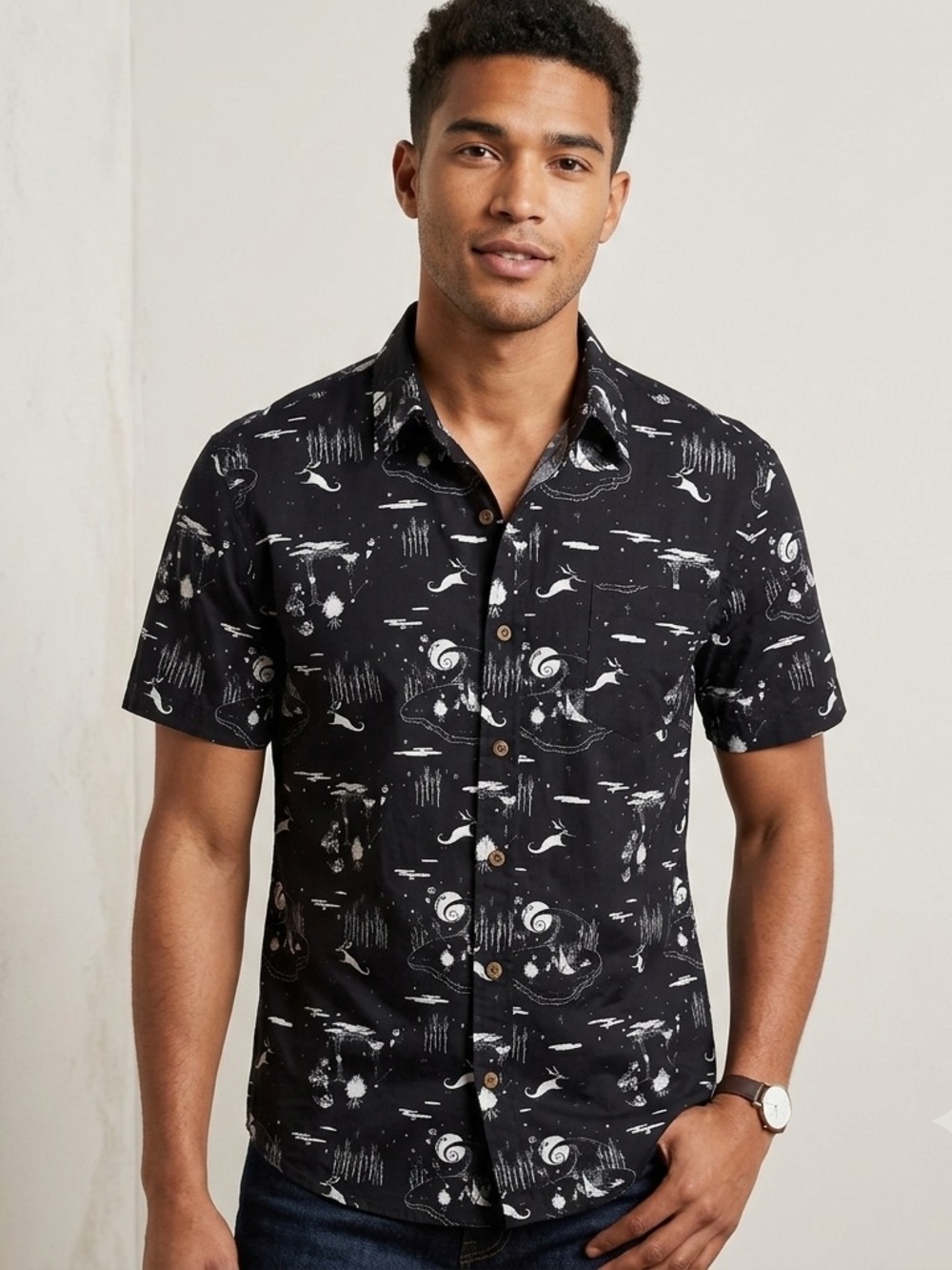 Disney Black Short-Sleeve Printed Button-Down Shirt with White Motif